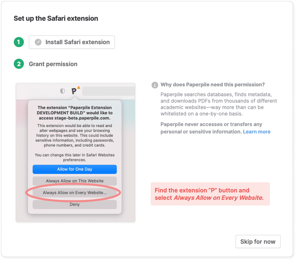 A “Set up the Safari extension” window with step 1 installed and step 2 “Grant permission” showing Safari’s permission popover, with “Always Allow on Every Website…” circled, beside an explanation of why the permission is needed.